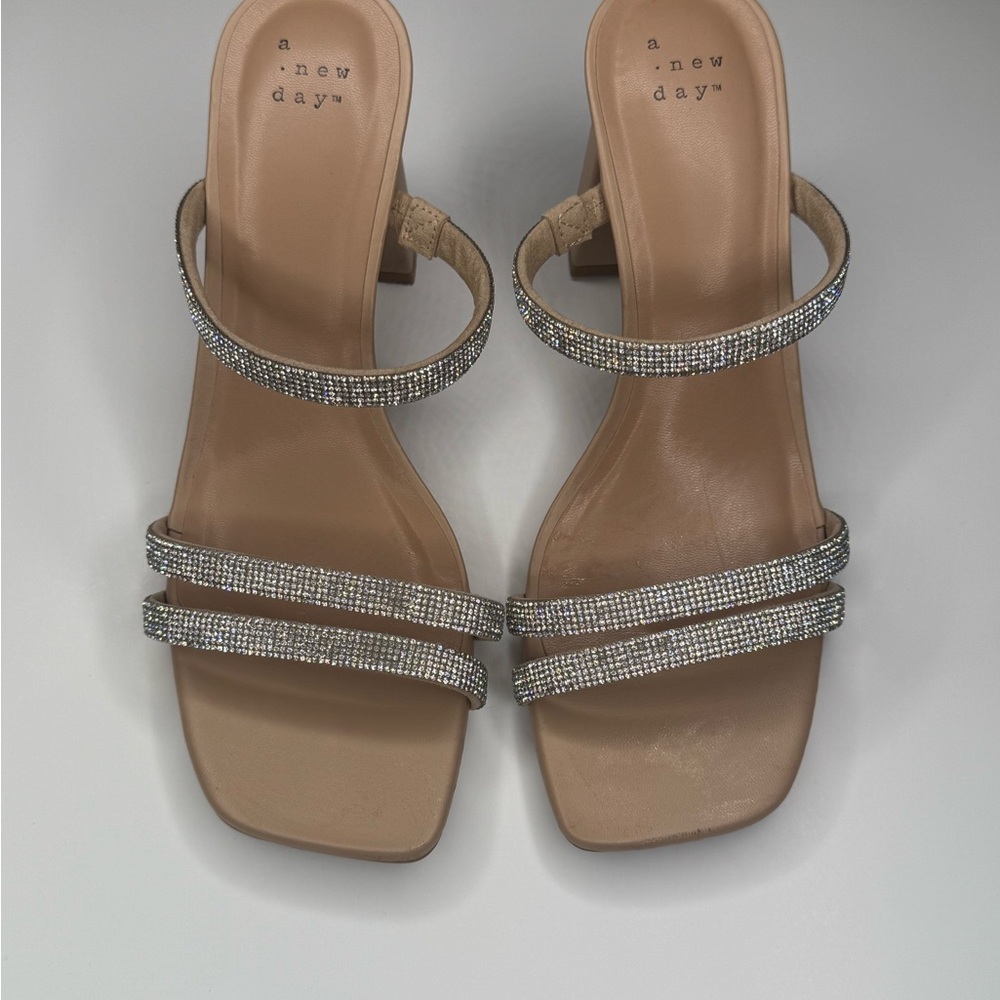 Pristine used cond a new day Tan Rhinestone Triple Strap Block Heel Sandals 8